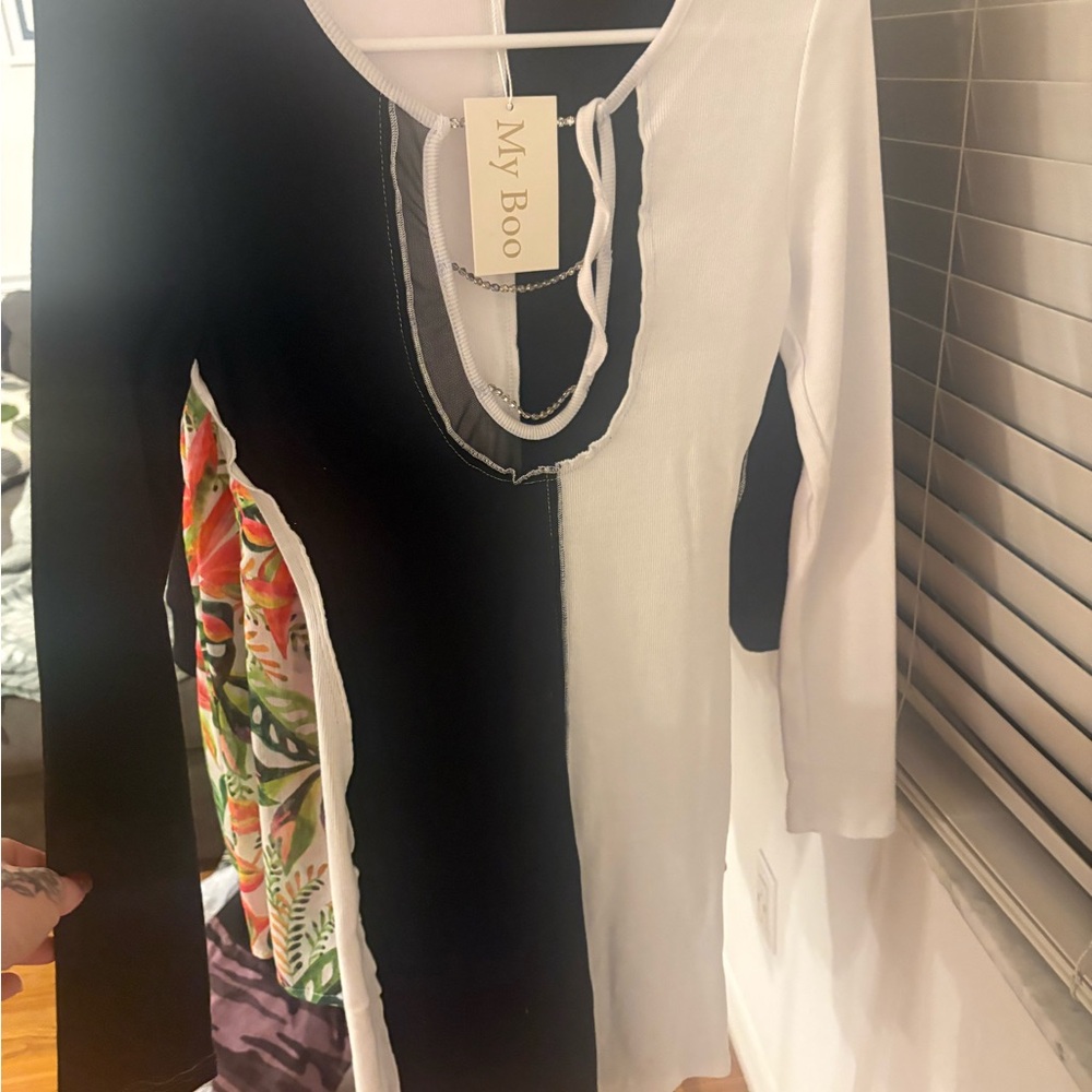 Black and White Long Sleeve Dress with Floral Accent